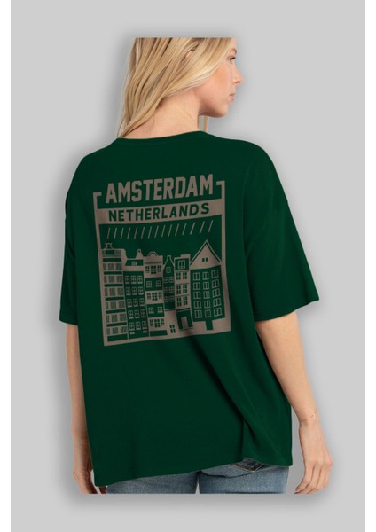 Amsterdam Arka Baskılı Zümrüt Yeşili Oversize T-Shirt Unisex Erkek Kadın Bisiklet Yaka fırsatları