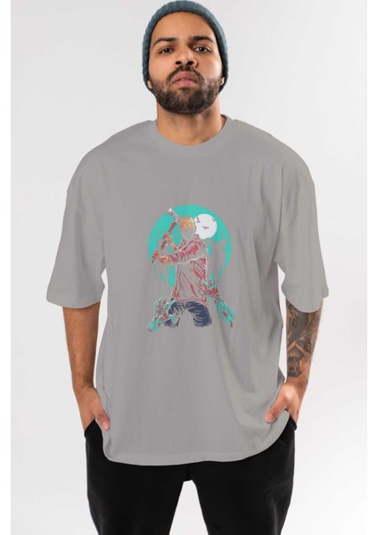 Zombie Killer Ön Baskılı Gri Oversize T-Shirt Unisex Erkek Kadın Bisiklet Yaka