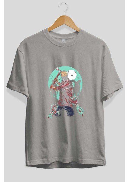 Zombie Killer Ön Baskılı Gri Oversize T-Shirt Unisex Erkek Kadın Bisiklet Yaka fiyatları
