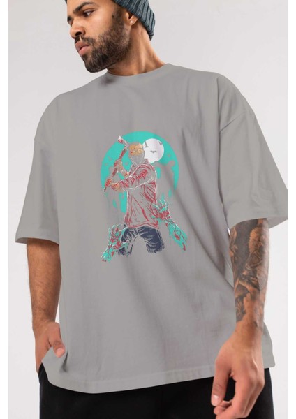 Zombie Killer Ön Baskılı Gri Oversize T-Shirt Unisex Erkek Kadın Bisiklet Yaka modelleri