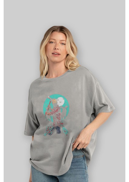 Zombie Killer Ön Baskılı Gri Oversize T-Shirt Unisex Erkek Kadın Bisiklet Yaka fırsatları