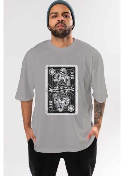 Stormtrooper Playing Ön Baskılı Gri Oversize T-Shirt Unisex Erkek Kadın Bisiklet Yaka