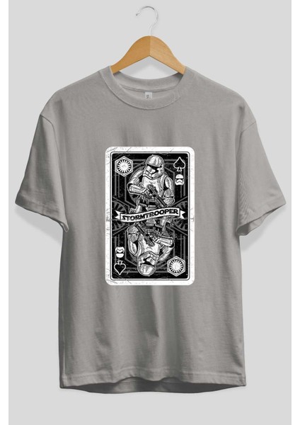 Stormtrooper Playing Ön Baskılı Gri Oversize T-Shirt Unisex Erkek Kadın Bisiklet Yaka