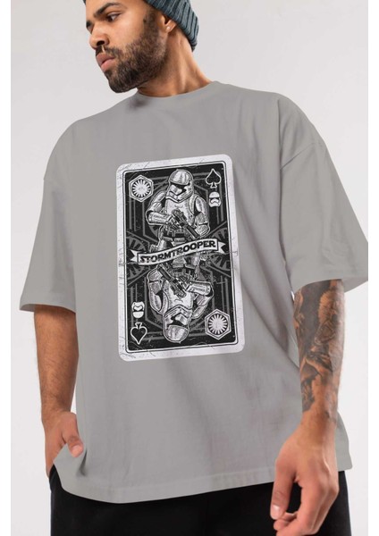 Stormtrooper Playing Ön Baskılı Gri Oversize T-Shirt Unisex Erkek Kadın Bisiklet Yaka