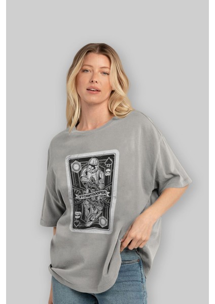 Stormtrooper Playing Ön Baskılı Gri Oversize T-Shirt Unisex Erkek Kadın Bisiklet Yaka