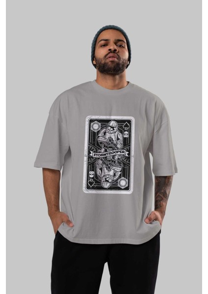 Stormtrooper Playing Ön Baskılı Gri Oversize T-Shirt Unisex Erkek Kadın Bisiklet Yaka