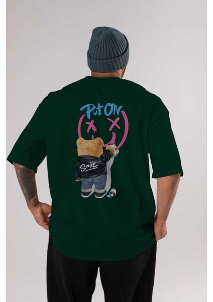 Put On Smile Bear Arka Baskılı Zümrüt Yeşili Oversize T-Shirt Erkek Kadın Bisiklet Yaka