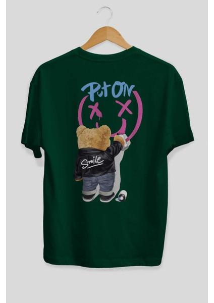 Put On Smile Bear Arka Baskılı Zümrüt Yeşili Oversize T-Shirt Erkek Kadın Bisiklet Yaka fiyatları