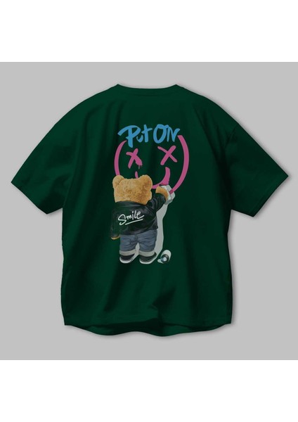 Put On Smile Bear Arka Baskılı Zümrüt Yeşili Oversize T-Shirt Erkek Kadın Bisiklet Yaka modelleri