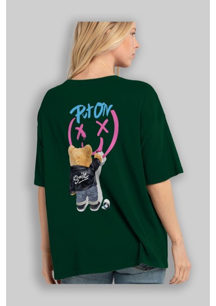 Put On Smile Bear Arka Baskılı Zümrüt Yeşili Oversize T-Shirt Erkek Kadın Bisiklet Yaka fırsatları