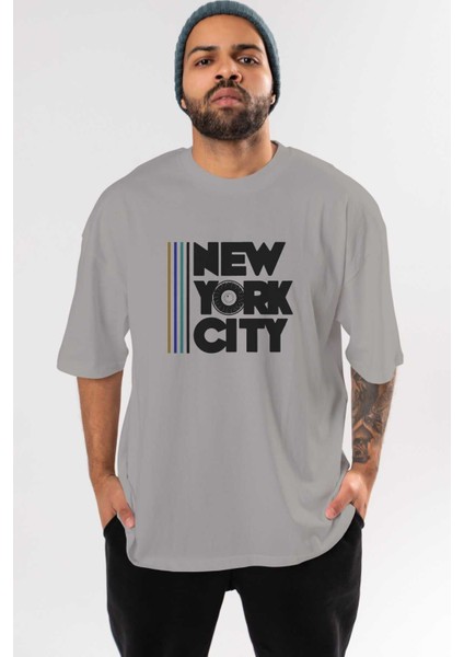 New York City Style 2 Ön Baskılı Gri Oversize T-Shirt Unisex Erkek Kadın Bisiklet Yaka