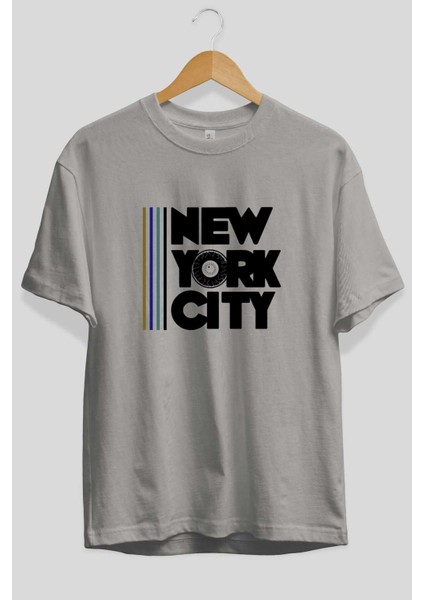 New York City Style 2 Ön Baskılı Gri Oversize T-Shirt Unisex Erkek Kadın Bisiklet Yaka fiyatları