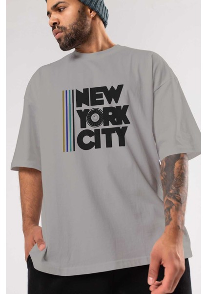 New York City Style 2 Ön Baskılı Gri Oversize T-Shirt Unisex Erkek Kadın Bisiklet Yaka modelleri