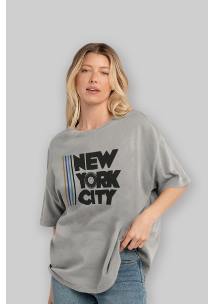 New York City Style 2 Ön Baskılı Gri Oversize T-Shirt Unisex Erkek Kadın Bisiklet Yaka fırsatları