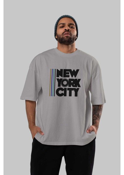 New York City Style 2 Ön Baskılı Gri Oversize T-Shirt Unisex Erkek Kadın Bisiklet Yaka indirimleri