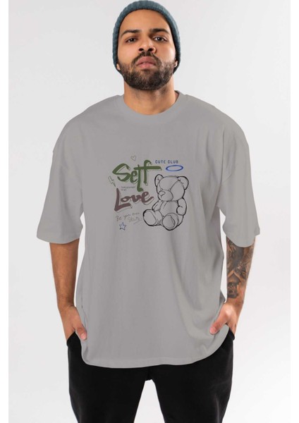Self Love Bear Ön Baskılı Gri Oversize T-Shirt Unisex Erkek Kadın Bisiklet Yaka