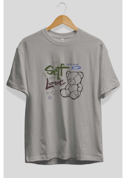 Self Love Bear Ön Baskılı Gri Oversize T-Shirt Unisex Erkek Kadın Bisiklet Yaka fiyatları
