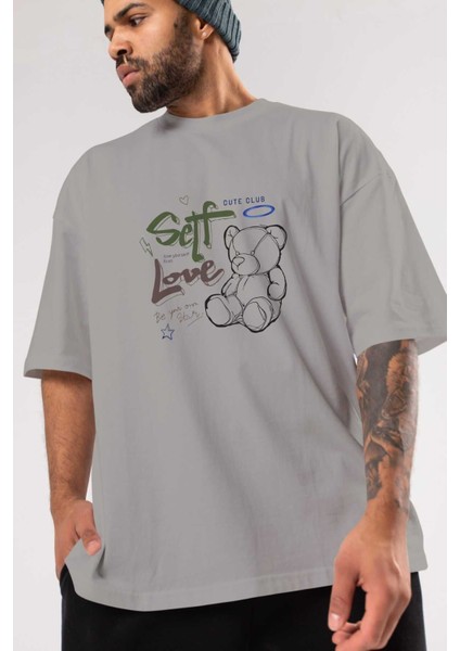 Self Love Bear Ön Baskılı Gri Oversize T-Shirt Unisex Erkek Kadın Bisiklet Yaka modelleri