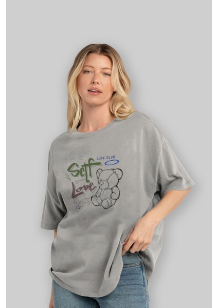 Self Love Bear Ön Baskılı Gri Oversize T-Shirt Unisex Erkek Kadın Bisiklet Yaka fırsatları
