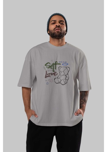 Self Love Bear Ön Baskılı Gri Oversize T-Shirt Unisex Erkek Kadın Bisiklet Yaka indirimleri