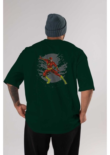 The Flash Arka Baskılı Zümrüt Yeşili Oversize T-Shirt Erkek Kadın Bisiklet Yaka