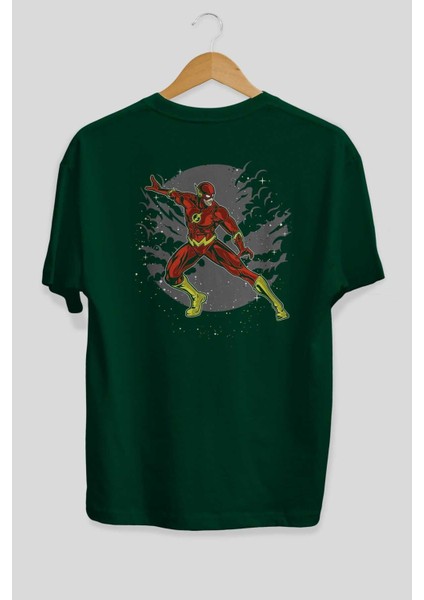 The Flash Arka Baskılı Zümrüt Yeşili Oversize T-Shirt Erkek Kadın Bisiklet Yaka