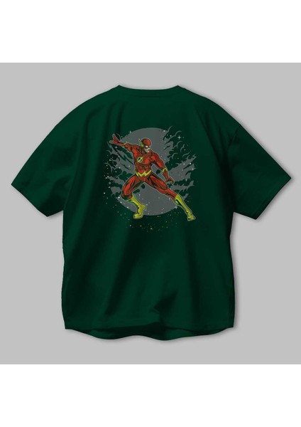 The Flash Arka Baskılı Zümrüt Yeşili Oversize T-Shirt Erkek Kadın Bisiklet Yaka