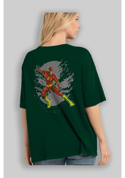 The Flash Arka Baskılı Zümrüt Yeşili Oversize T-Shirt Erkek Kadın Bisiklet Yaka