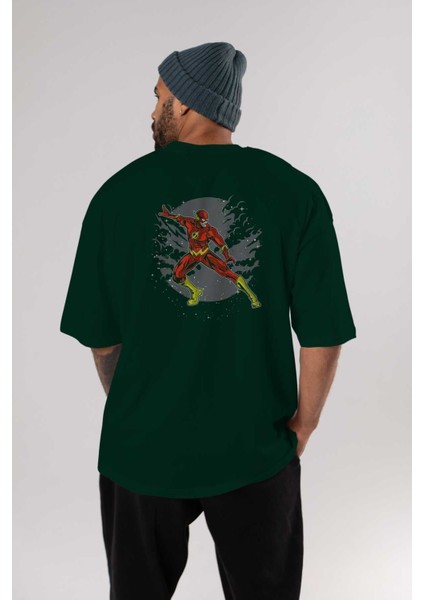 The Flash Arka Baskılı Zümrüt Yeşili Oversize T-Shirt Erkek Kadın Bisiklet Yaka