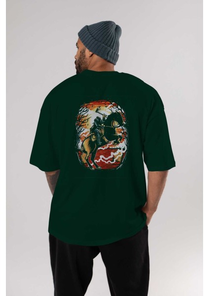 Headless Horseman Arka Baskılı Zümrüt Yeşili Oversize T-Shirt Unisex Erkek Kadın Bisiklet Yaka indirimleri