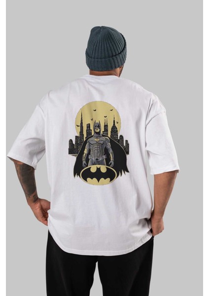Batman 6 Arka Baskılı Beyaz Oversize T-Shirt Bisiklet Yaka Pamuk Erkek Kadın