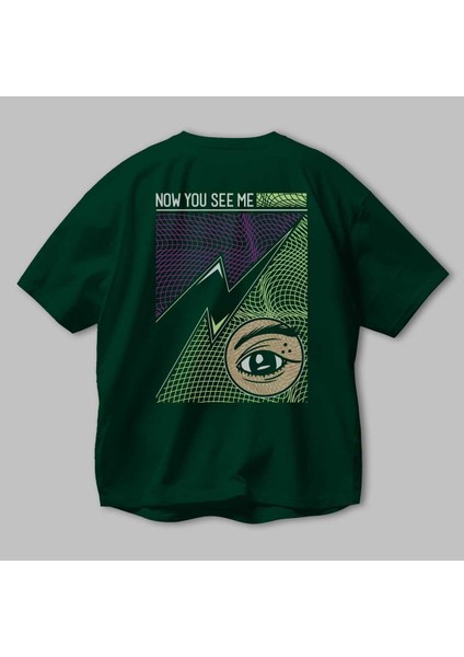 Now You See Me Arka Baskılı Zümrüt Yeşili Oversize T-Shirt Erkek Kadın Bisiklet Yaka modelleri