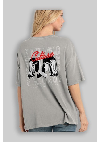 Culture Streetwear Yazılı Arka Baskılı Gri Oversize T-Shirt Unisex Erkek Kadın Bisiklet Yaka modelleri