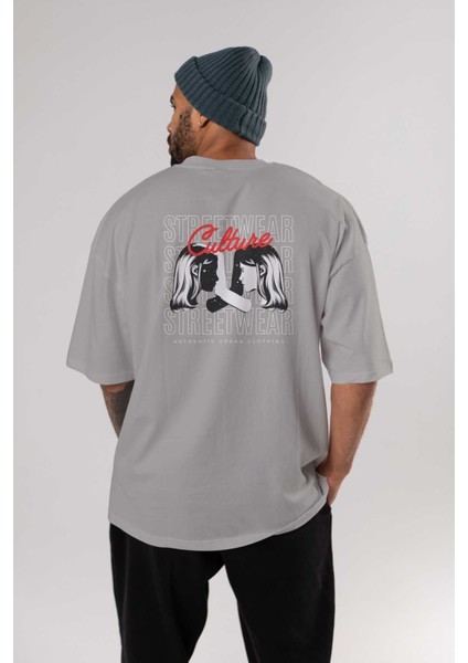Culture Streetwear Yazılı Arka Baskılı Gri Oversize T-Shirt Unisex Erkek Kadın Bisiklet Yaka fırsatları