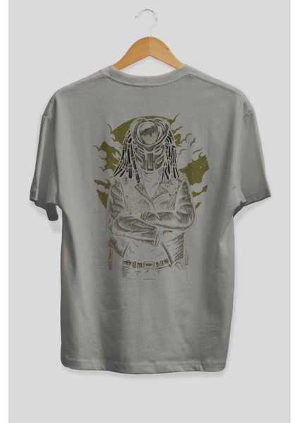 Predator Arka Baskılı Gri Oversize T-Shirt Unisex Erkek Kadın Bisiklet Yaka fiyatları