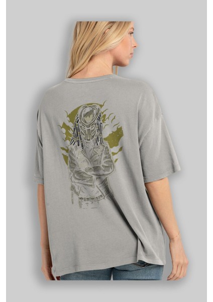 Predator Arka Baskılı Gri Oversize T-Shirt Unisex Erkek Kadın Bisiklet Yaka modelleri
