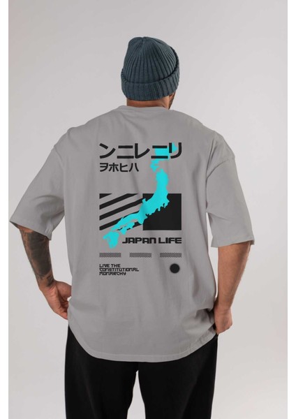 Japan Life Arka Baskılı Gri Oversize T-Shirt Unisex Erkek Kadın Bisiklet Yaka