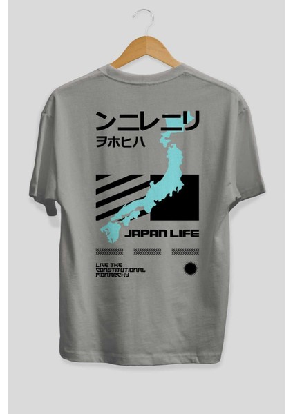 Japan Life Arka Baskılı Gri Oversize T-Shirt Unisex Erkek Kadın Bisiklet Yaka fiyatları