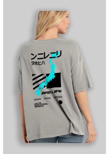 Japan Life Arka Baskılı Gri Oversize T-Shirt Unisex Erkek Kadın Bisiklet Yaka modelleri