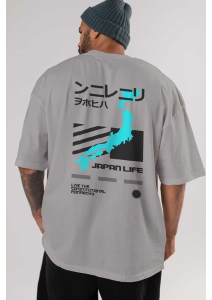 Japan Life Arka Baskılı Gri Oversize T-Shirt Unisex Erkek Kadın Bisiklet Yaka indirimleri