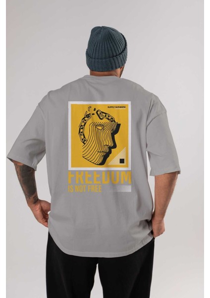 Freedom Is Not Free Arka Baskılı Gri Oversize T-Shirt Unisex Erkek Kadın Bisiklet Yaka