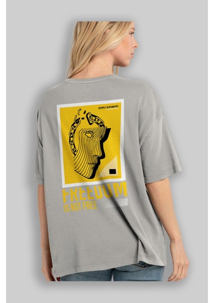 Freedom Is Not Free Arka Baskılı Gri Oversize T-Shirt Unisex Erkek Kadın Bisiklet Yaka modelleri