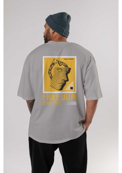 Freedom Is Not Free Arka Baskılı Gri Oversize T-Shirt Unisex Erkek Kadın Bisiklet Yaka fırsatları