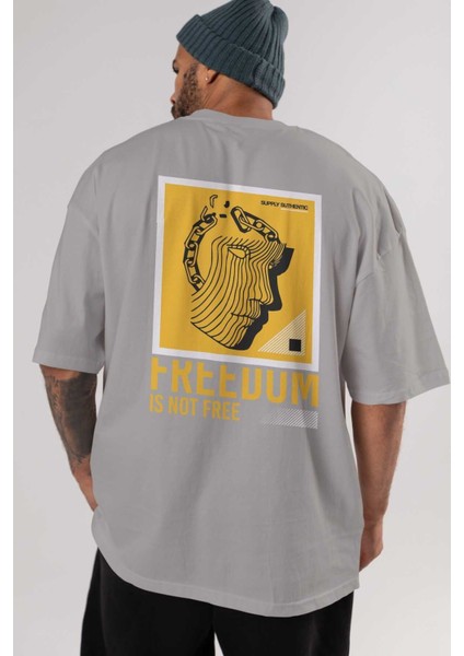 Freedom Is Not Free Arka Baskılı Gri Oversize T-Shirt Unisex Erkek Kadın Bisiklet Yaka indirimleri