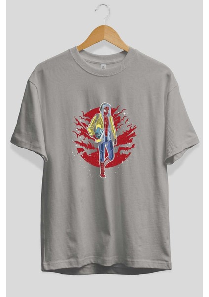 Spıderman 2 Ön Baskılı Gri Oversize T-Shirt Unisex Erkek Kadın Bisiklet Yaka