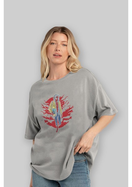 Spıderman 2 Ön Baskılı Gri Oversize T-Shirt Unisex Erkek Kadın Bisiklet Yaka