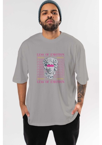 Less Of Emotion Ön Baskılı Gri Oversize T-Shirt Unisex Erkek Kadın Bisiklet Yaka