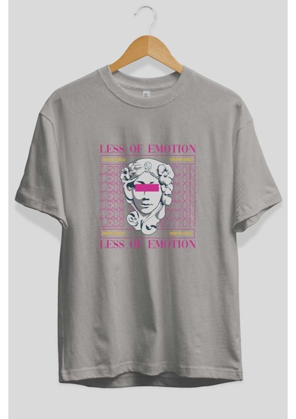 Less Of Emotion Ön Baskılı Gri Oversize T-Shirt Unisex Erkek Kadın Bisiklet Yaka fiyatları