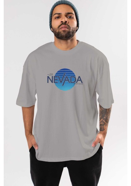 Nevada Ön Baskılı Gri Oversize T-Shirt Unisex Erkek Kadın Bisiklet Yaka