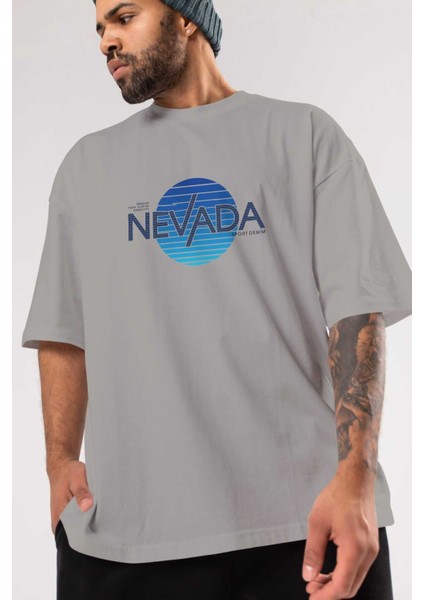 Nevada Ön Baskılı Gri Oversize T-Shirt Unisex Erkek Kadın Bisiklet Yaka